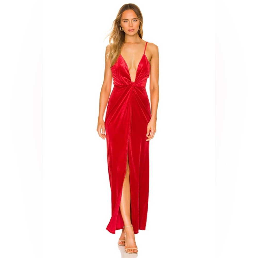 Revolve Superdown Aurora Deep V Maxi Dress in Red Velvet